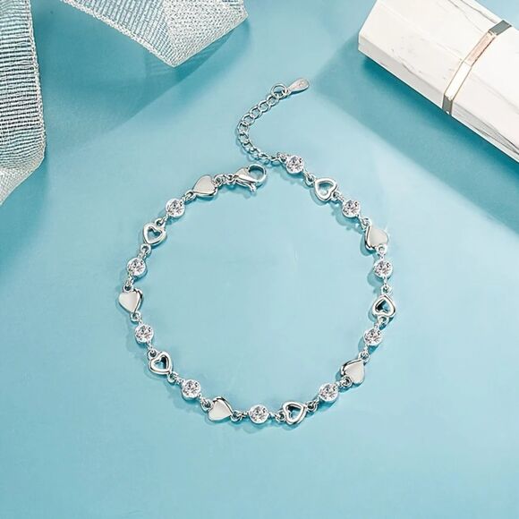 Silver Heart Chain Crystal Zirconia Tennis Bracelet Adjustable Fashion Jewelry - Picture 3 of 5